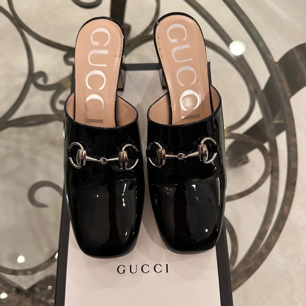 Gucci, Lexie Horsebit Black Patent Leather Mule